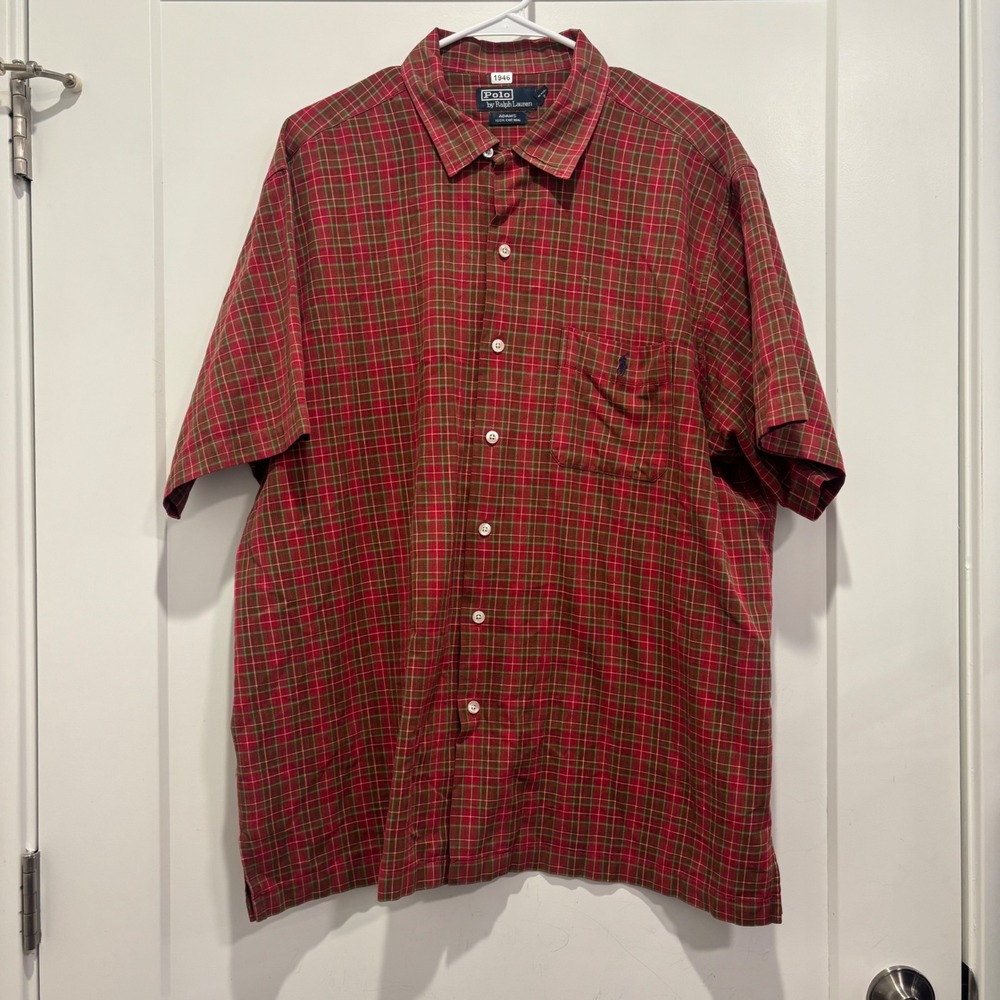 Polo Ralph Lauren Adams Shirt Mens XL Red Green Plaid Cotton Short Sleeve Button